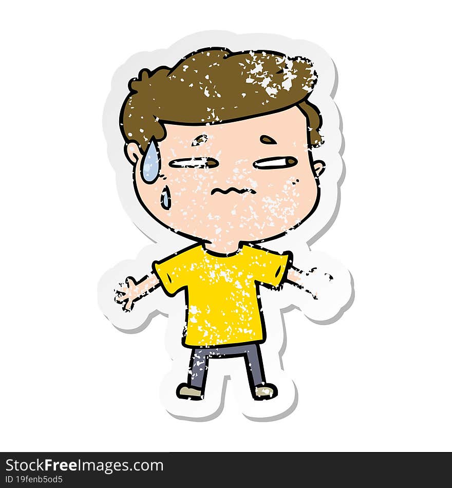 distressed sticker of a cartoon anxious man