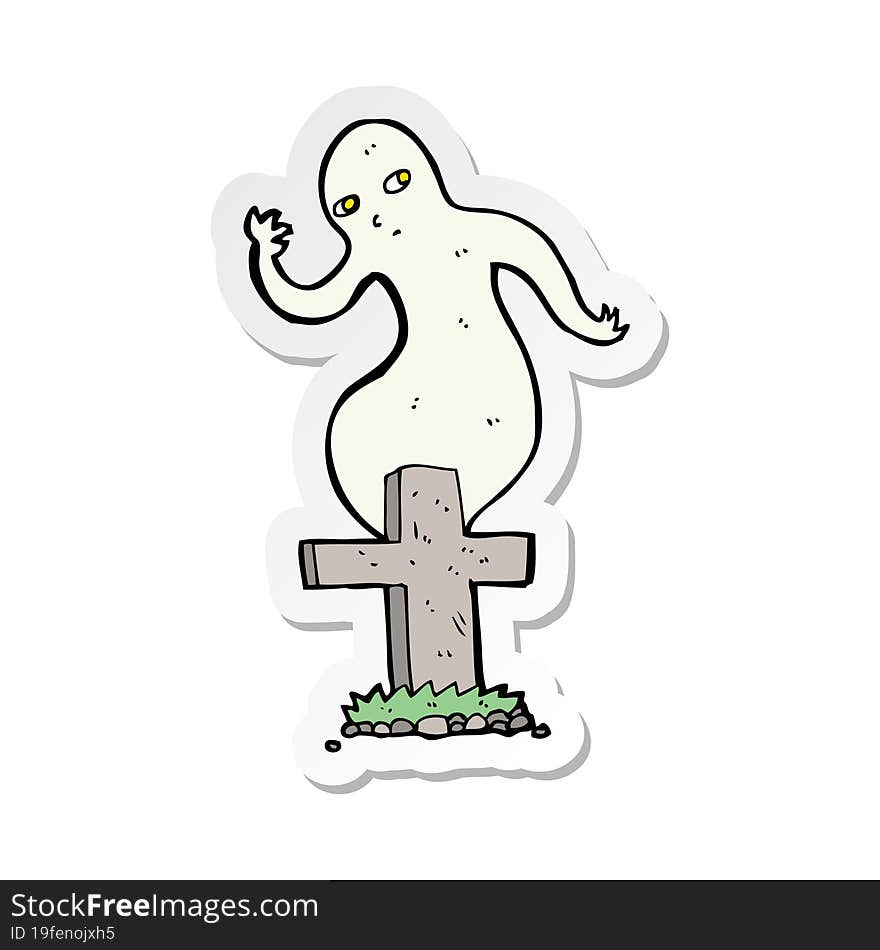 sticker of a cartoon ghost rising from grave