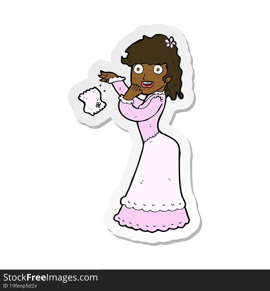 sticker of a cartoon victorian woman dropping handkerchief