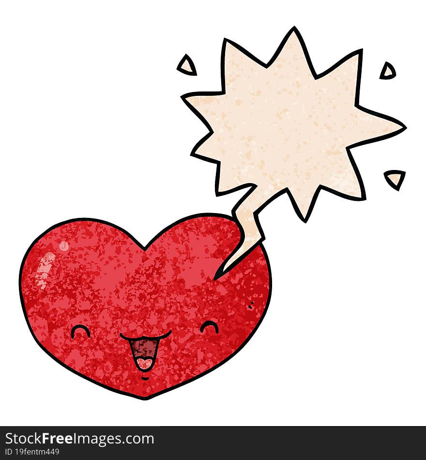 cartoon love heart character and speech bubble in retro texture style