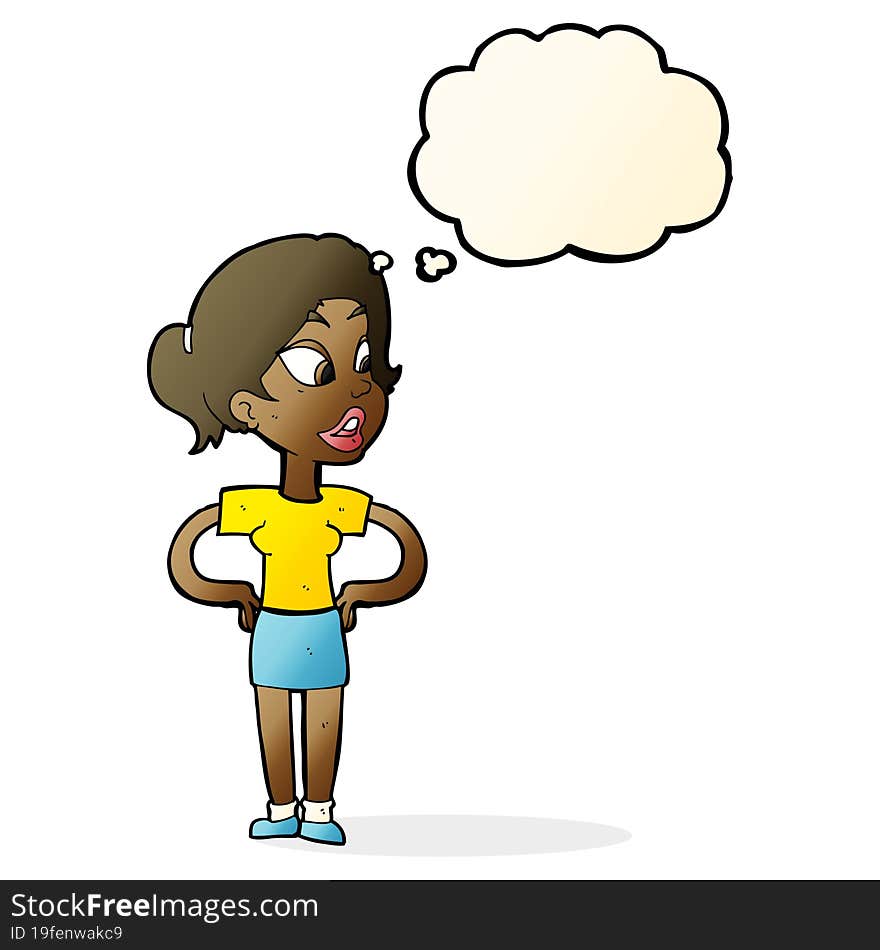 cartoon woman with hands on hips with thought bubble