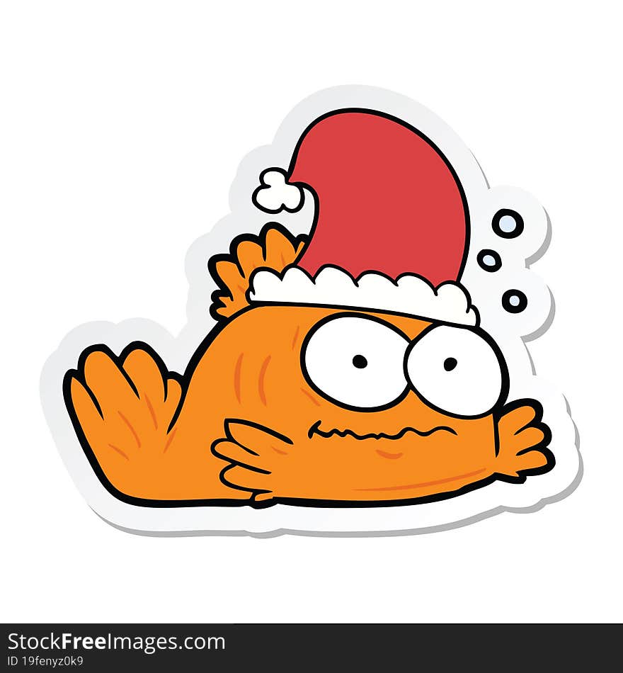 Sticker Of A Cartoon Goldfish Wearing Xmas Hat