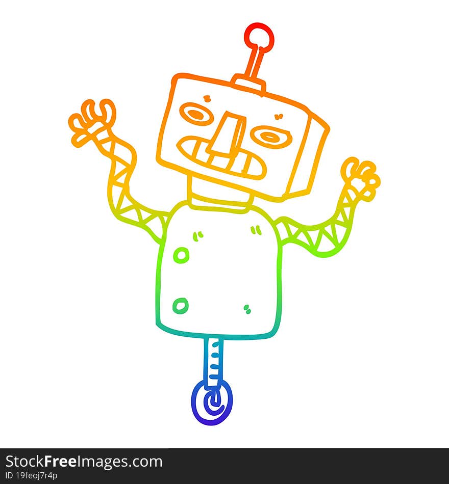 rainbow gradient line drawing cartoon robot on wheel