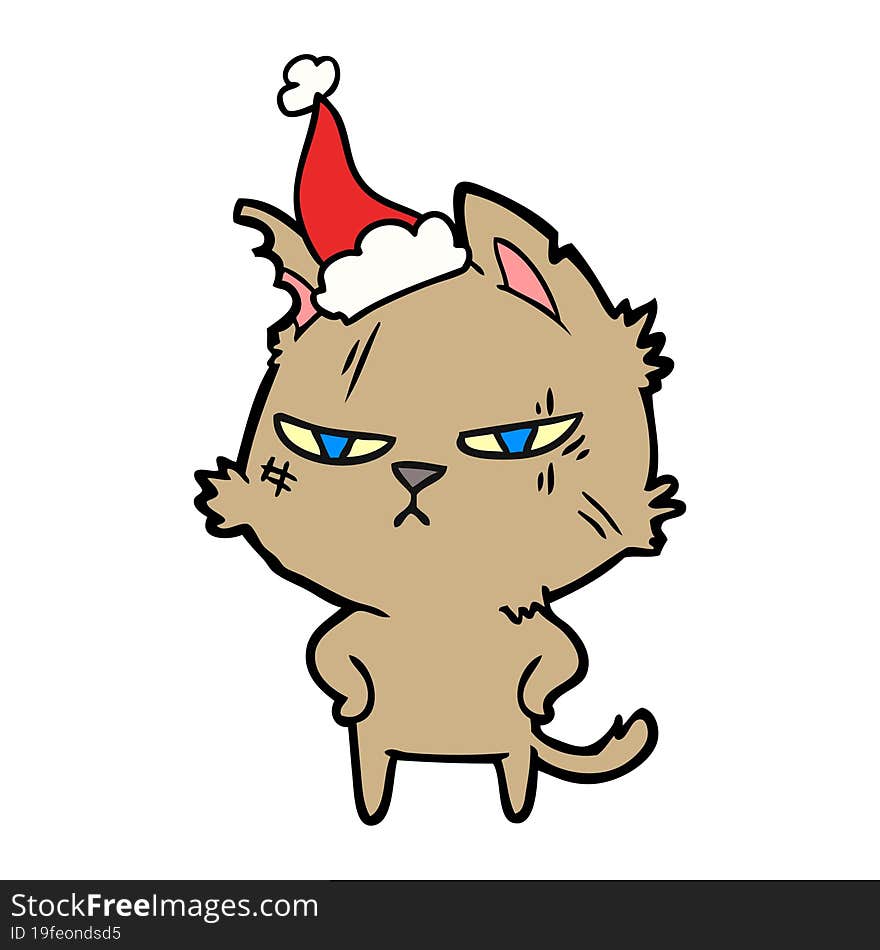 tough hand drawn line drawing of a cat wearing santa hat. tough hand drawn line drawing of a cat wearing santa hat