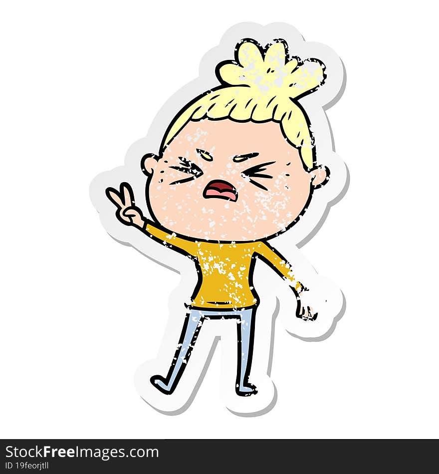 distressed sticker of a cartoon angry woman