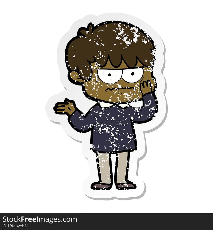 distressed sticker of a annoyed cartoon boy