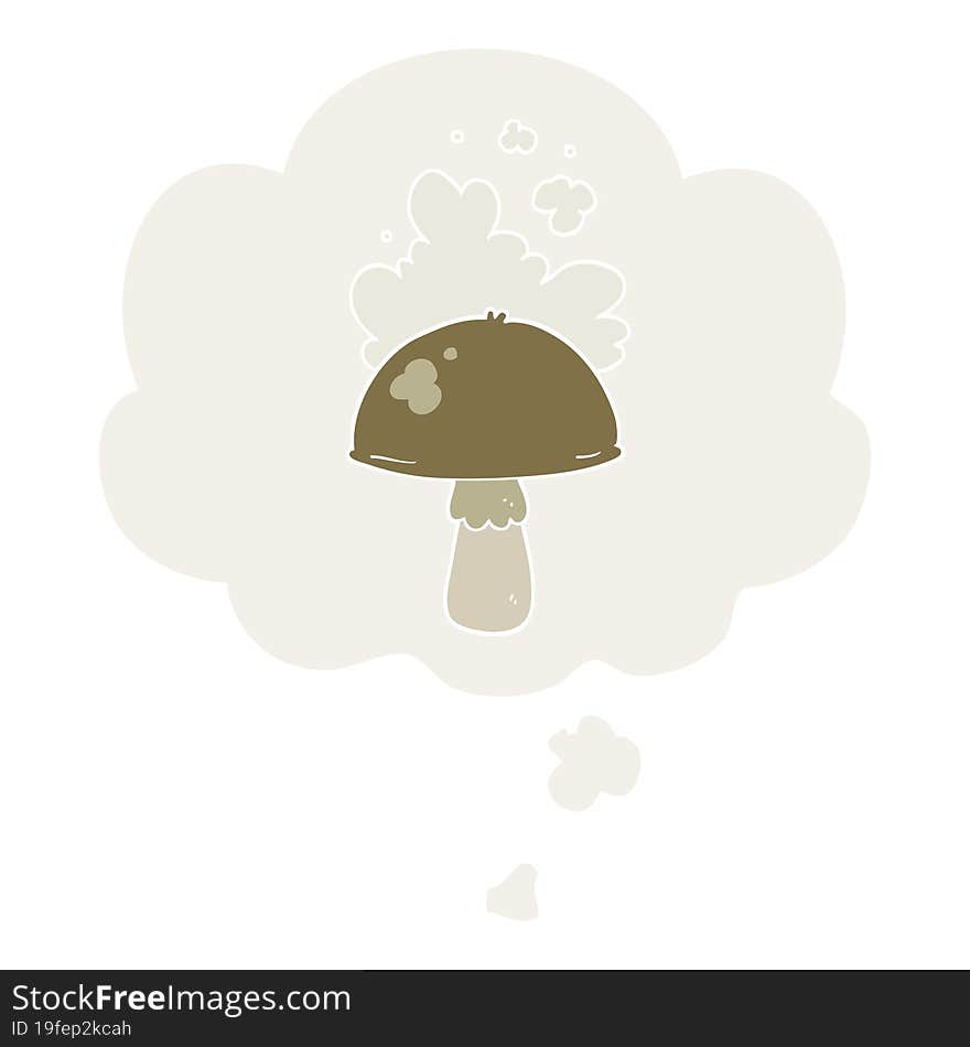 cartoon mushroom with spore cloud with thought bubble in retro style