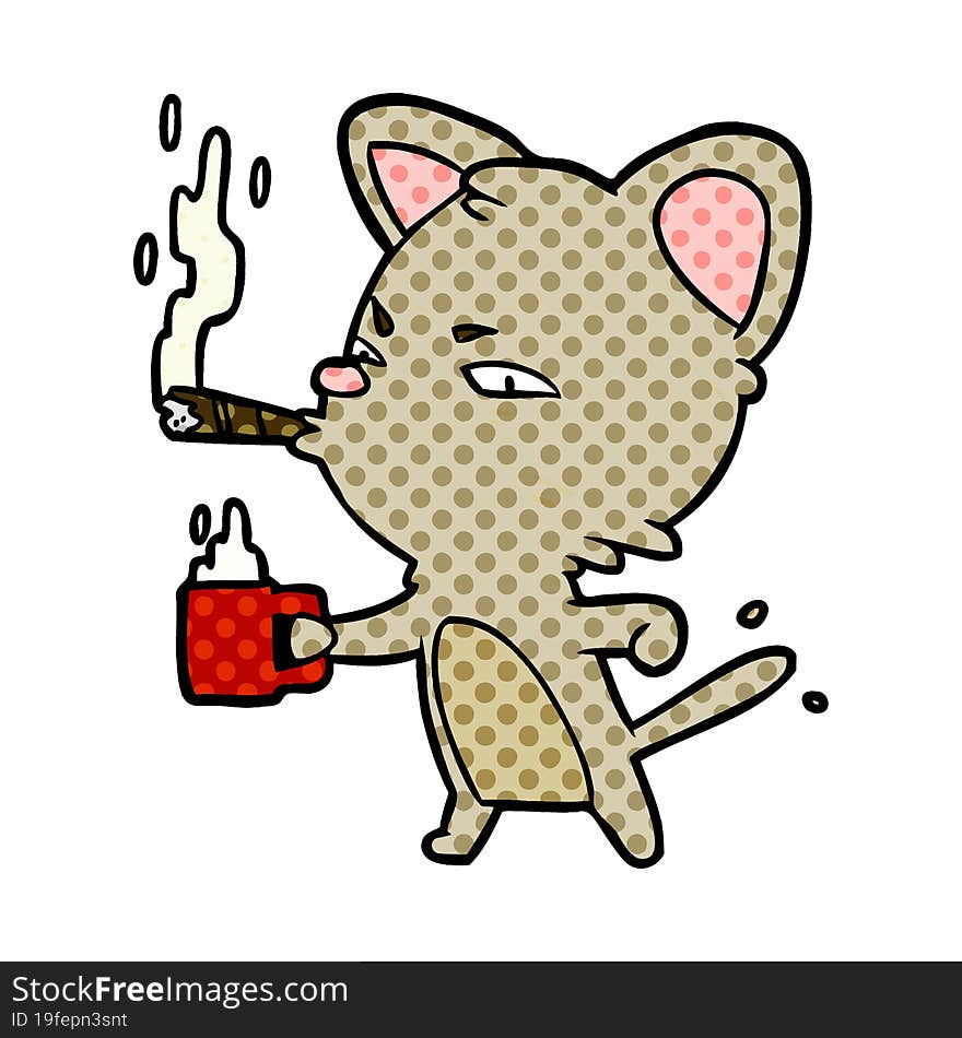 cartoon serious business cat with coffee and cigar. cartoon serious business cat with coffee and cigar