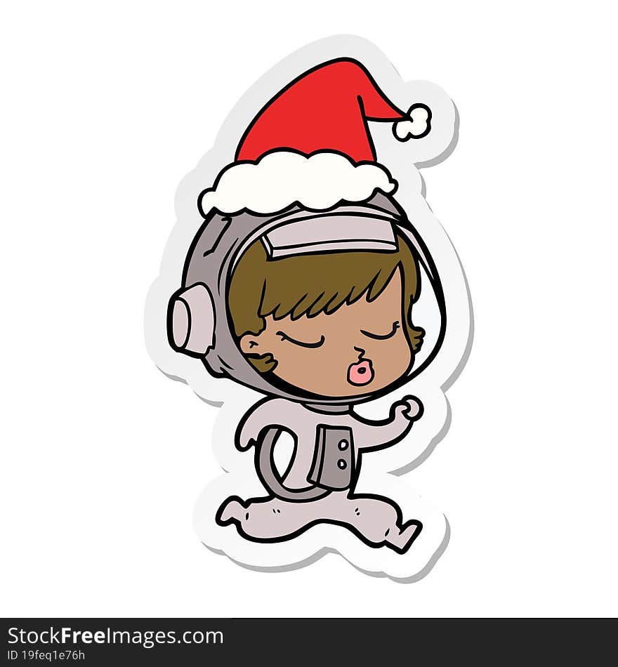 sticker cartoon of a pretty astronaut girl running wearing santa hat