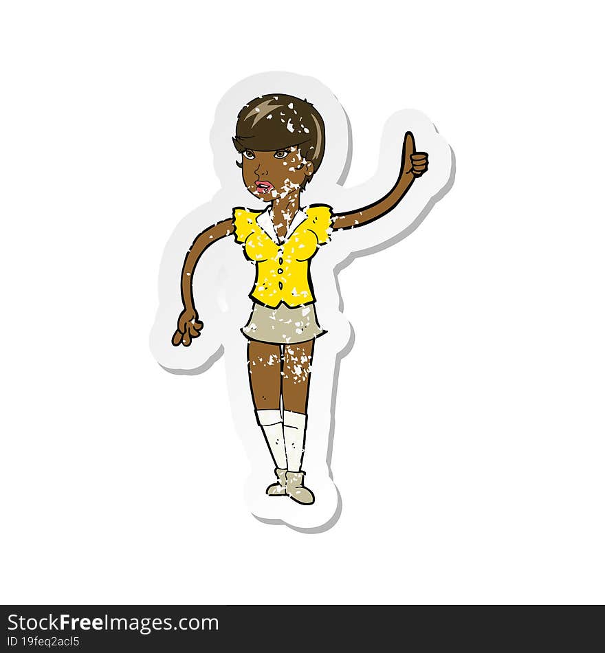 retro distressed sticker of a cartoon pretty girl asking question