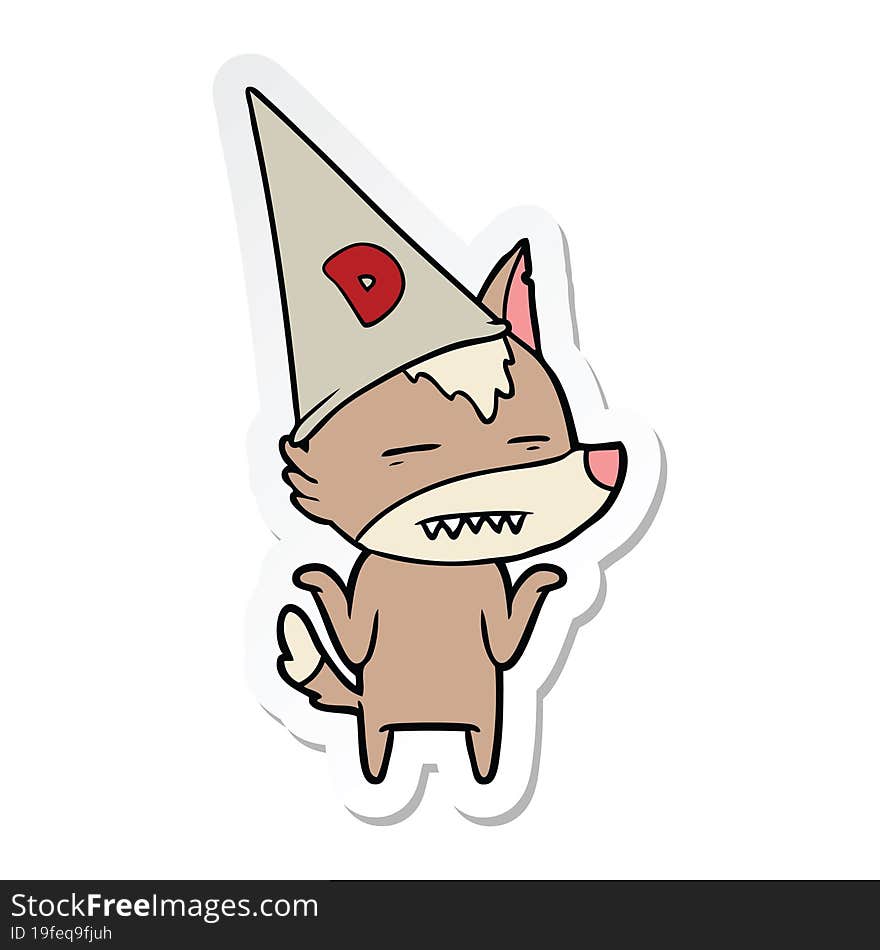 sticker of a cartoon wolf wearing dunce hat