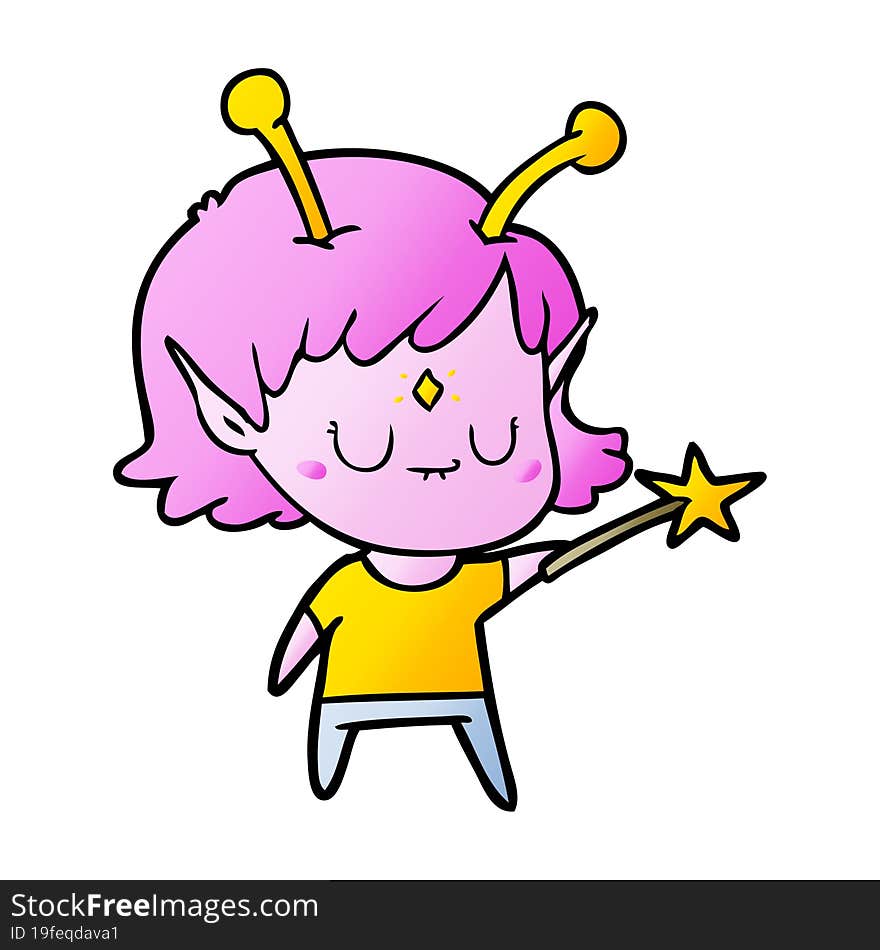 cartoon alien girl with wand. cartoon alien girl with wand