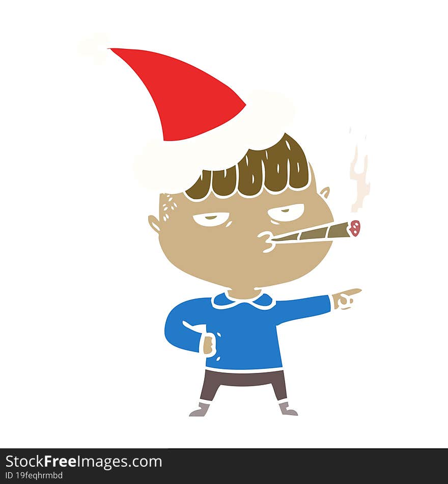 Flat Color Illustration Of A Man Smoking Wearing Santa Hat