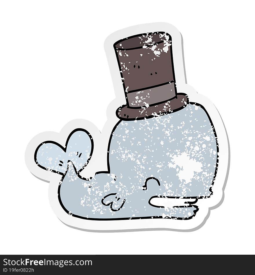 distressed sticker of a cartoon whale wearing top hat