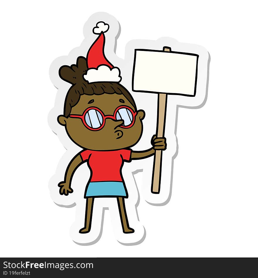 Sticker Cartoon Of A Woman Wearing Glasses Wearing Santa Hat