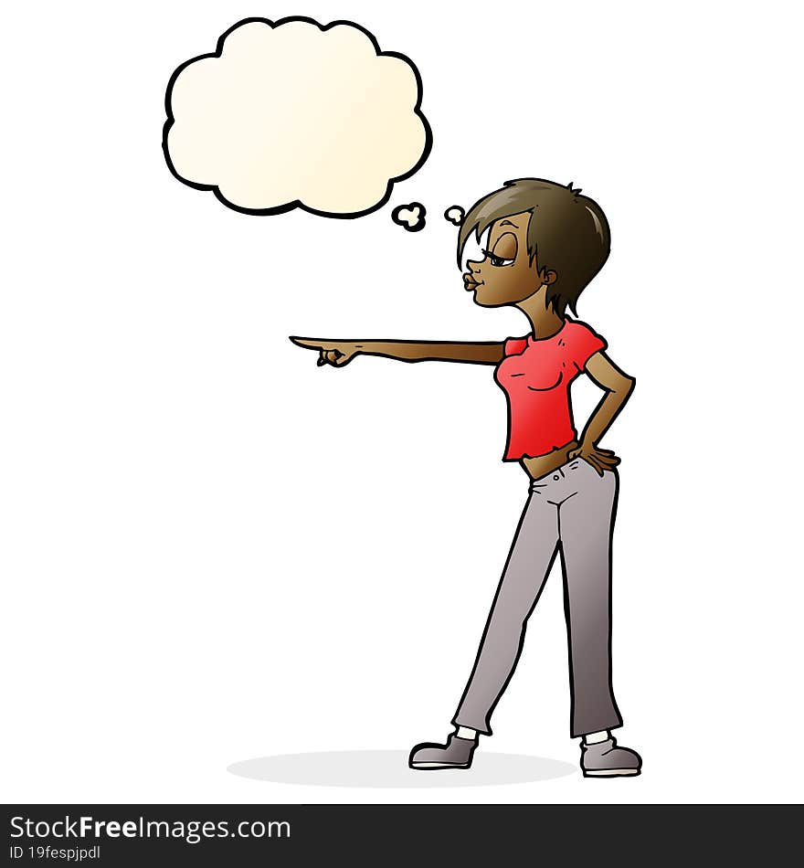 cartoon hip woman pointing with thought bubble