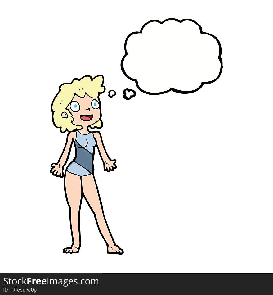 cartoon woman in swimming costume with thought bubble