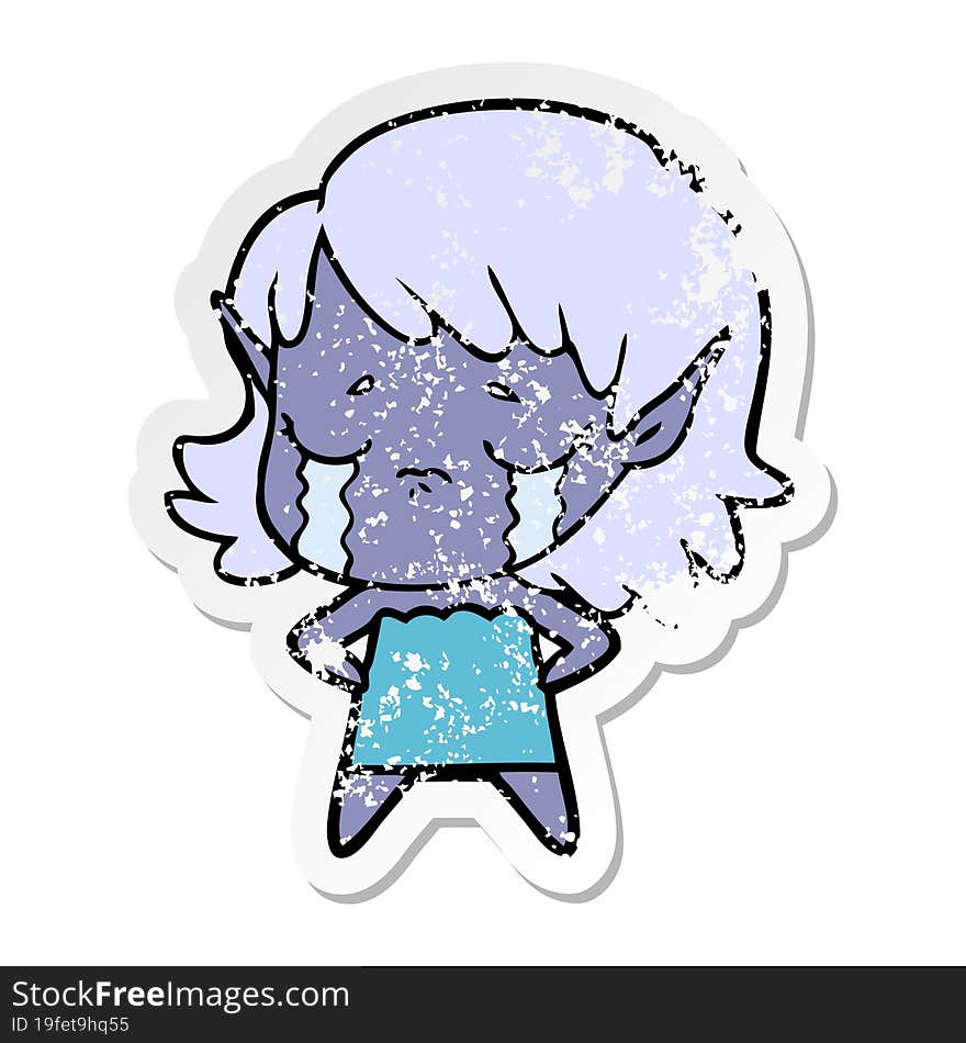 distressed sticker of a crying cartoon elf girl