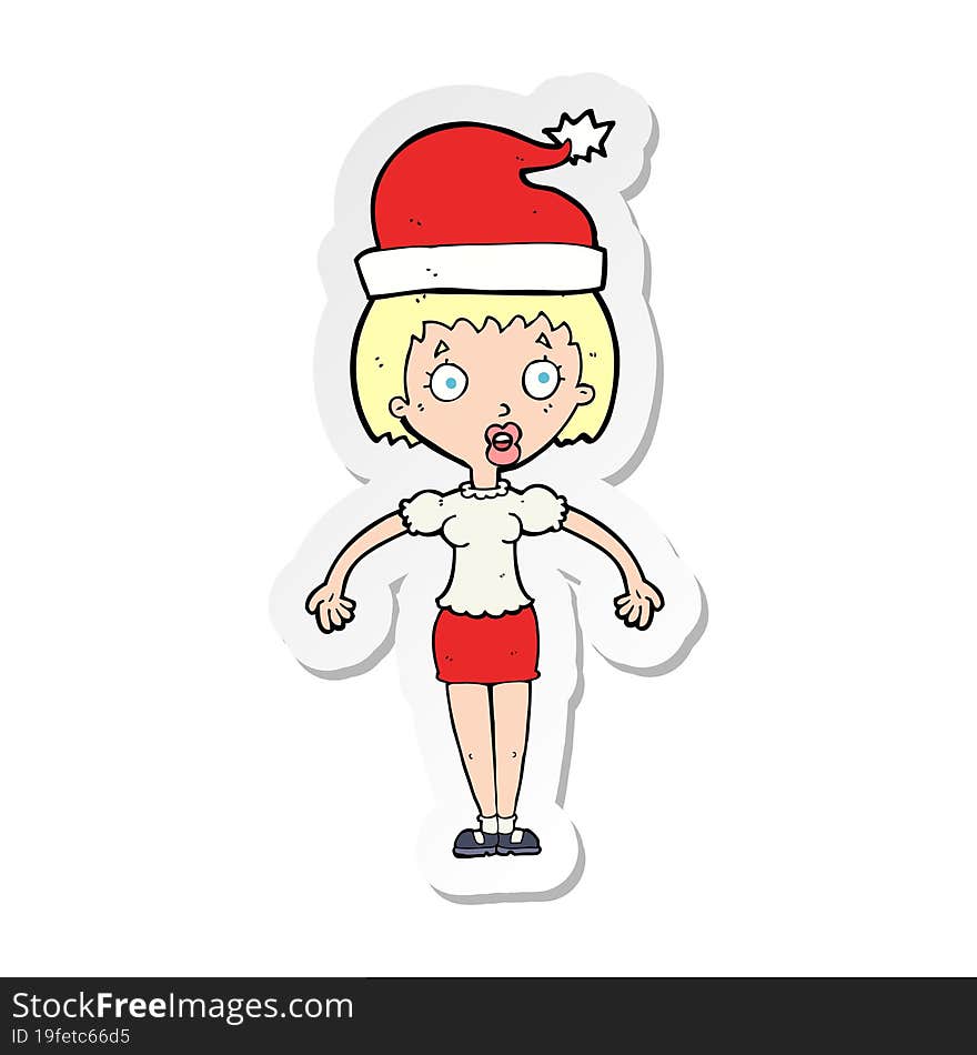 sticker of a cartoon woman wearing christmas hat shrugging shoulders