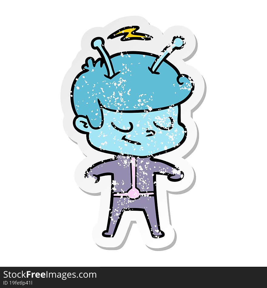 Distressed Sticker Of A Friendly Cartoon Spaceman