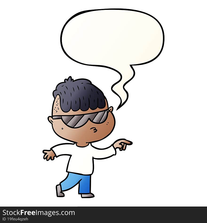 cartoon boy wearing sunglasses pointing and speech bubble in smooth gradient style