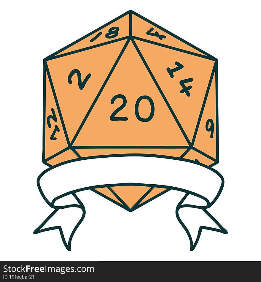 Retro Tattoo Style natural 20 critical hit D20 dice roll. Retro Tattoo Style natural 20 critical hit D20 dice roll