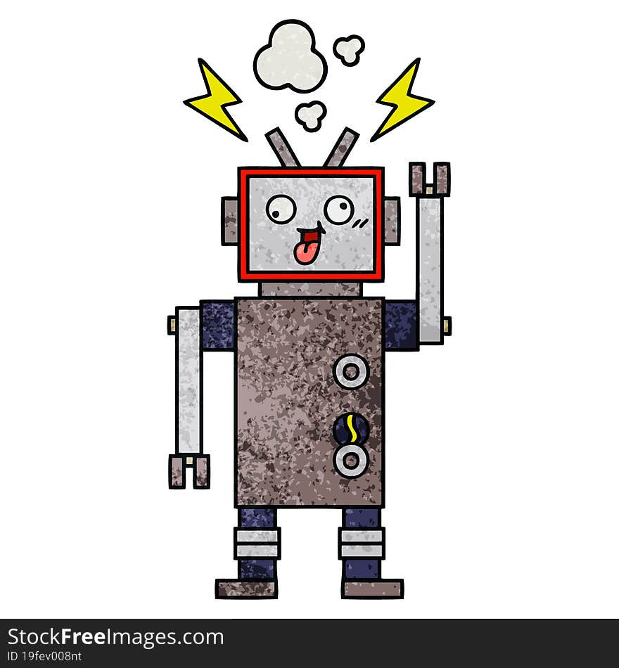 retro grunge texture cartoon of a crazy broken robot