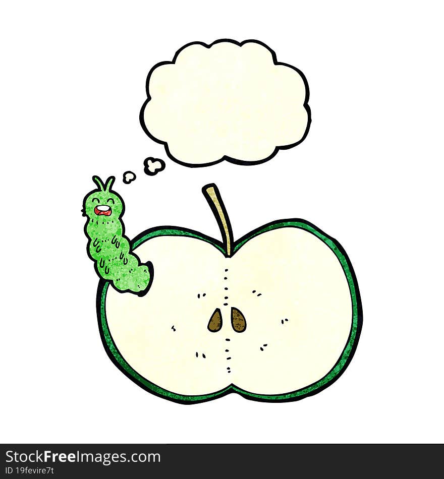 cartoon bug eating apple with thought bubble