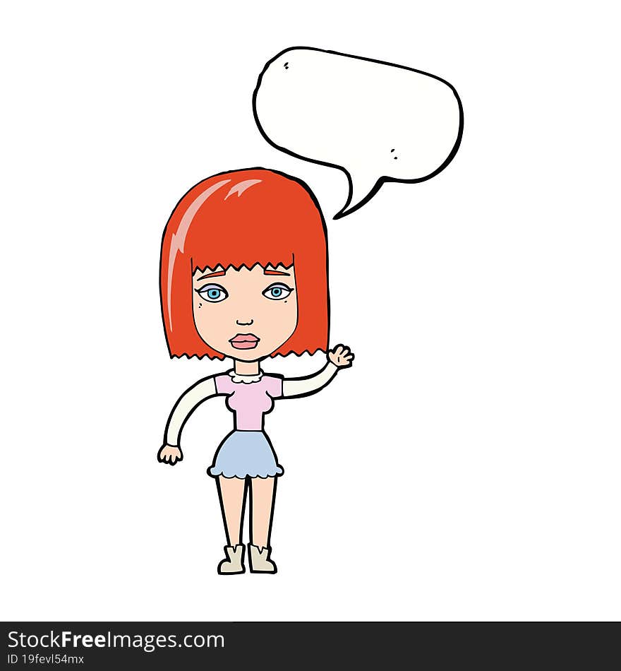 cartoon waving woman with speech bubble