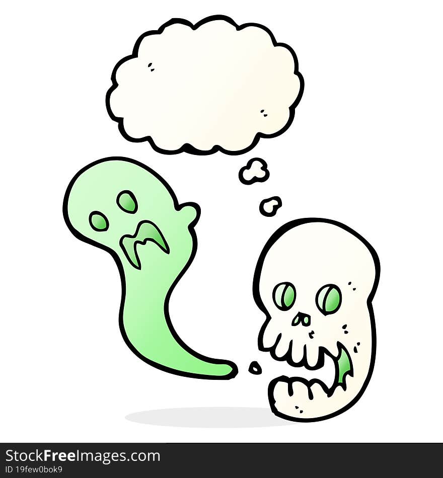 cartoon spooky skull with thought bubble