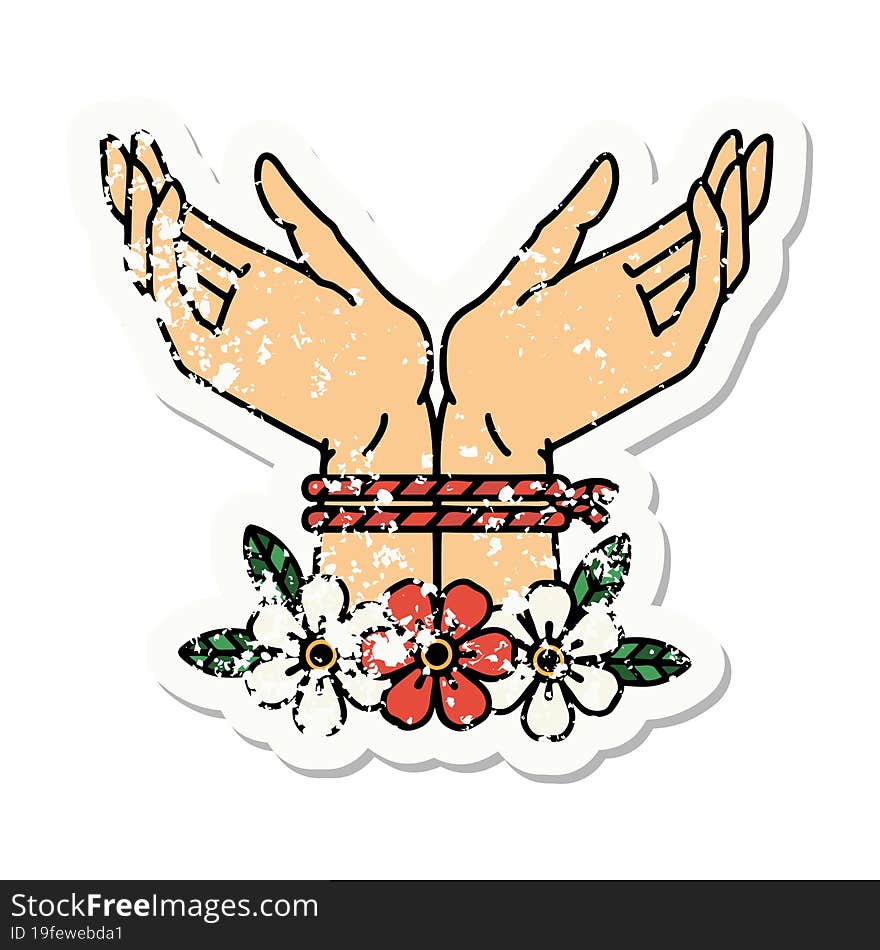 traditional distressed sticker tattoo of hands tied