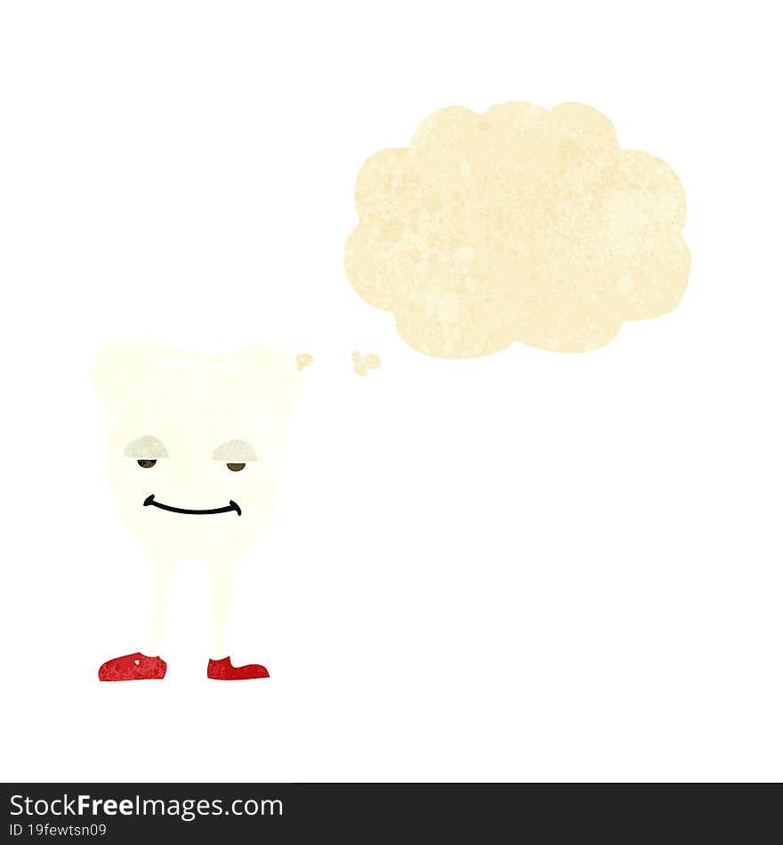 cartoon happy tooth with thought bubble