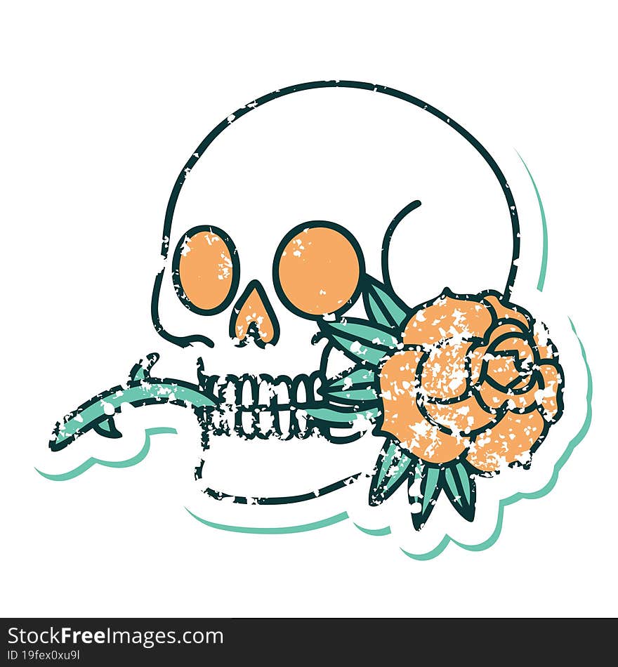 iconic distressed sticker tattoo style image of a skull and rose. iconic distressed sticker tattoo style image of a skull and rose