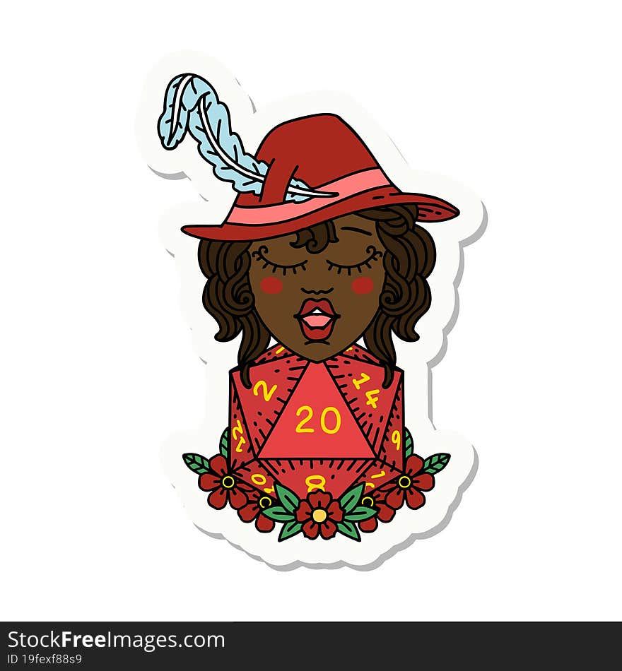 human bard with natural 20 dice roll sticker