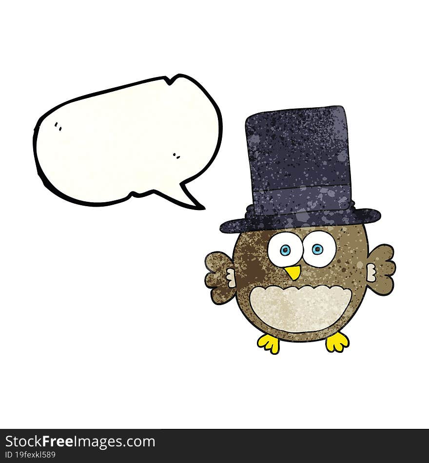 speech bubble textured cartoon owl in top hat