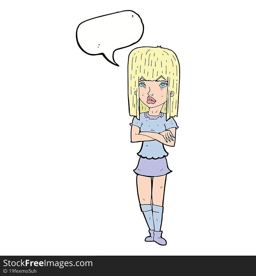 cartoon girl with crossed arms with speech bubble