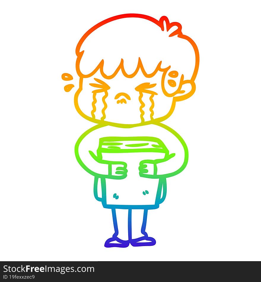 rainbow gradient line drawing of a cartoon boy crying