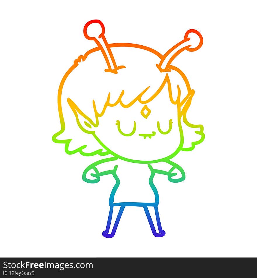 rainbow gradient line drawing of a cartoon alien girl