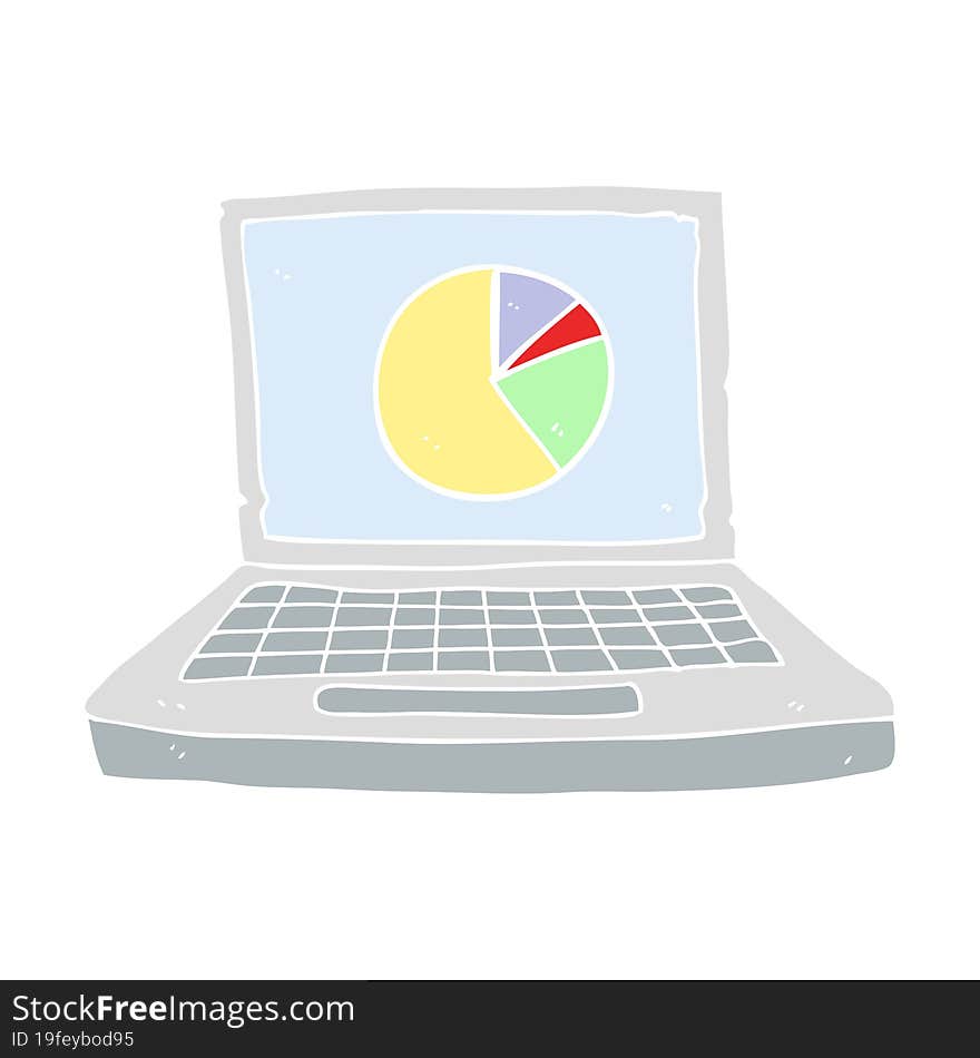 flat color illustration of a cartoon laptop computer with pie chart