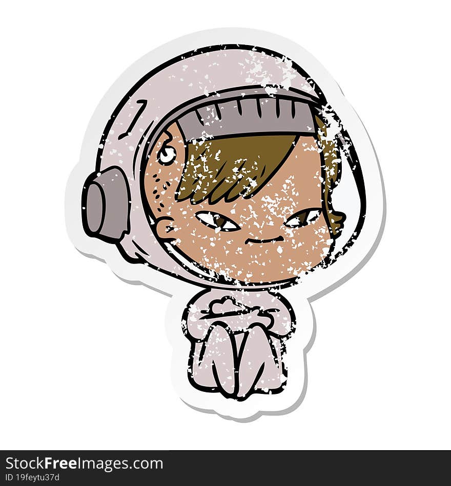 distressed sticker of a cartoon astronaut woman