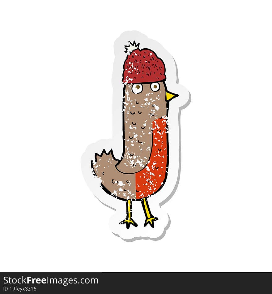 retro distressed sticker of a cartoon christmas robin wearing hat