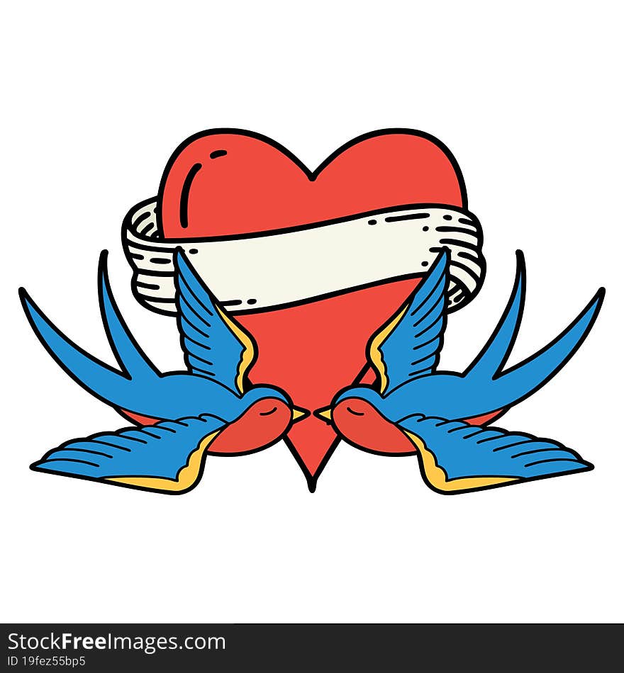 tattoo in traditional style of swallows and a heart with banner. tattoo in traditional style of swallows and a heart with banner