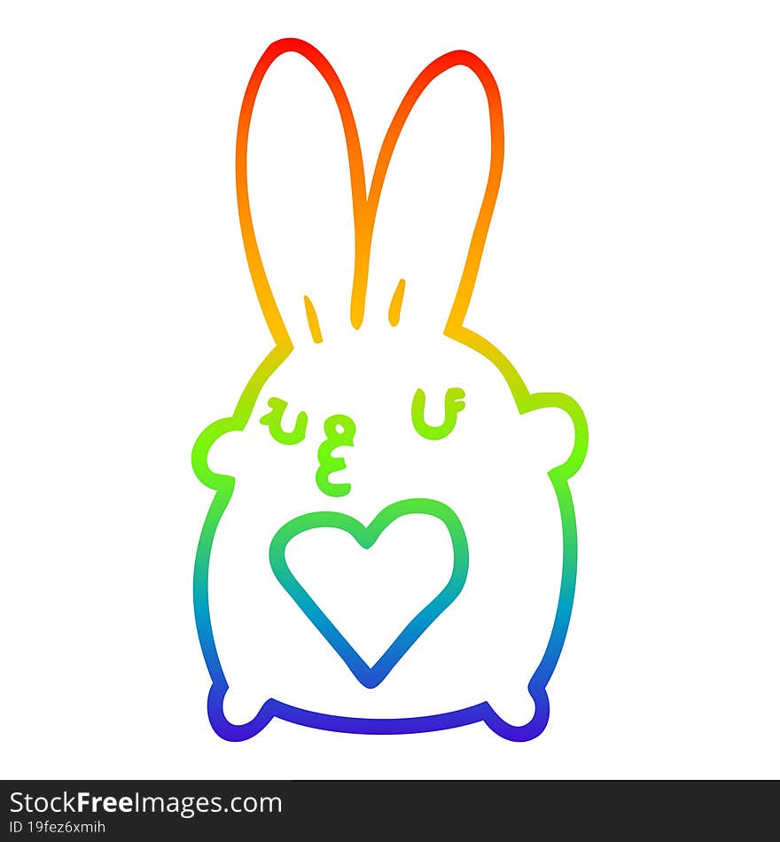 rainbow gradient line drawing of a cute cartoon rabbit with love heart