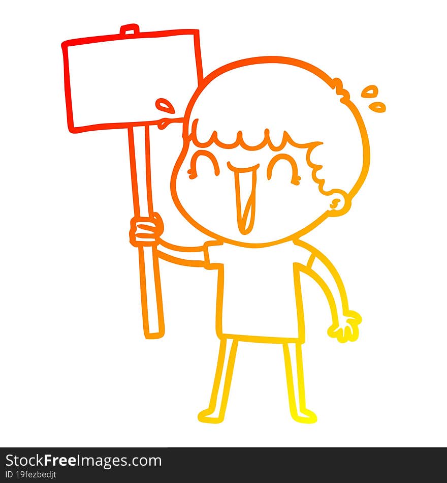 warm gradient line drawing of a laughing cartoon man waving placard