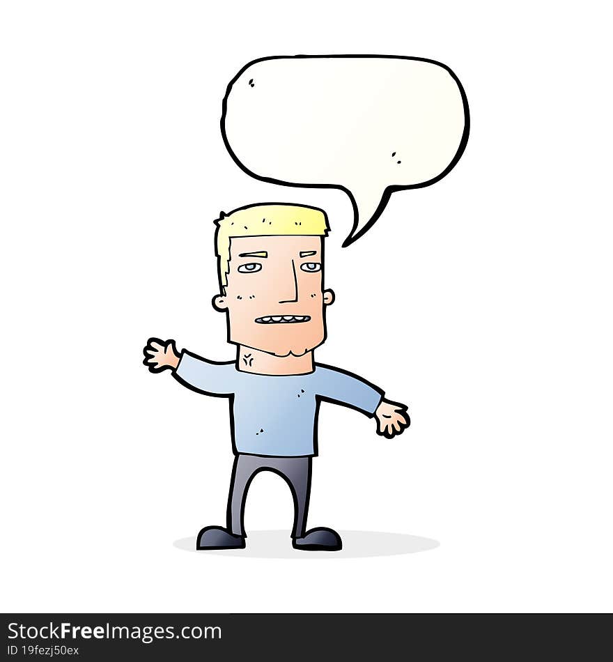 cartoon waving stressed man with speech bubble