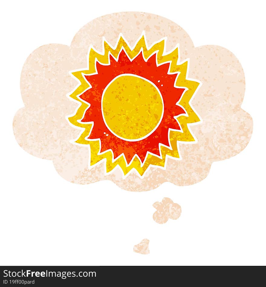 cartoon sun and thought bubble in retro textured style