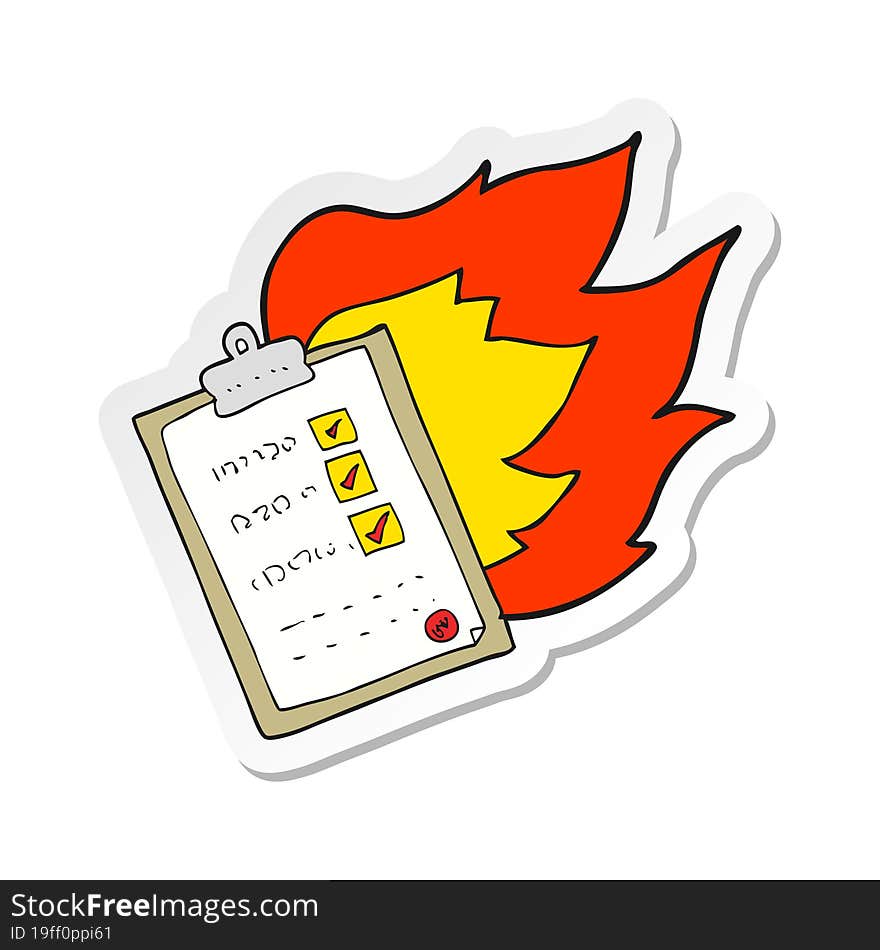 sticker of a cartoon checklist burning