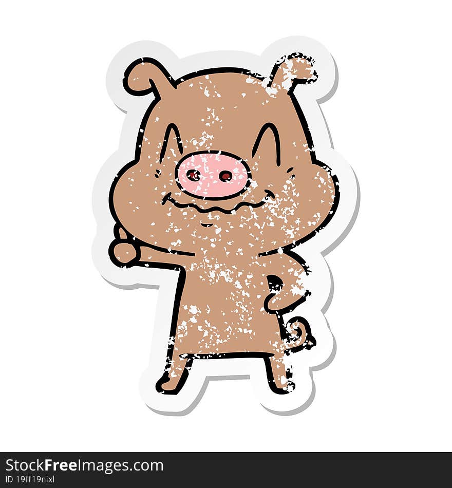 distressed sticker of a nervous cartoon pig