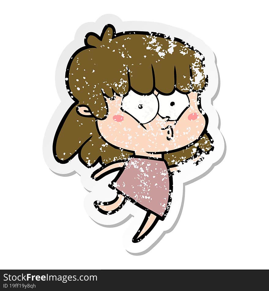 distressed sticker of a cartoon whistling girl