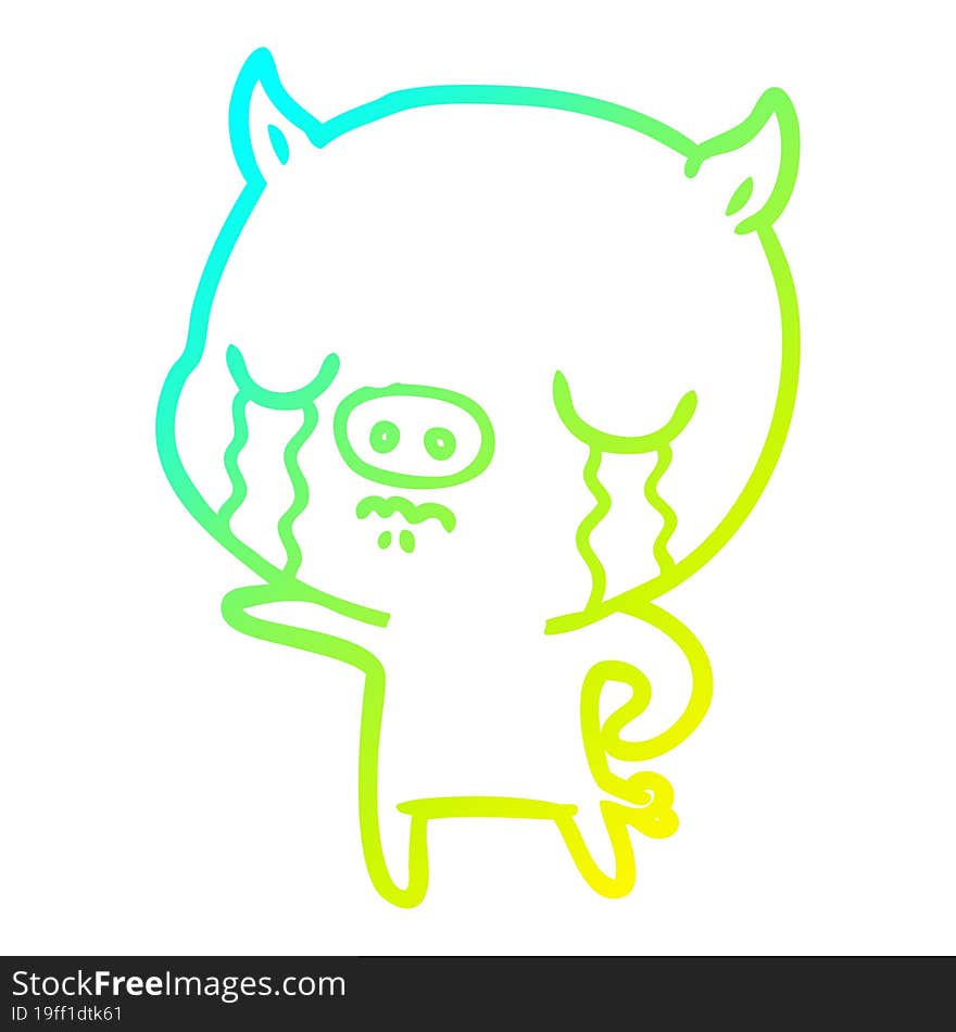 cold gradient line drawing of a cartoon pig crying